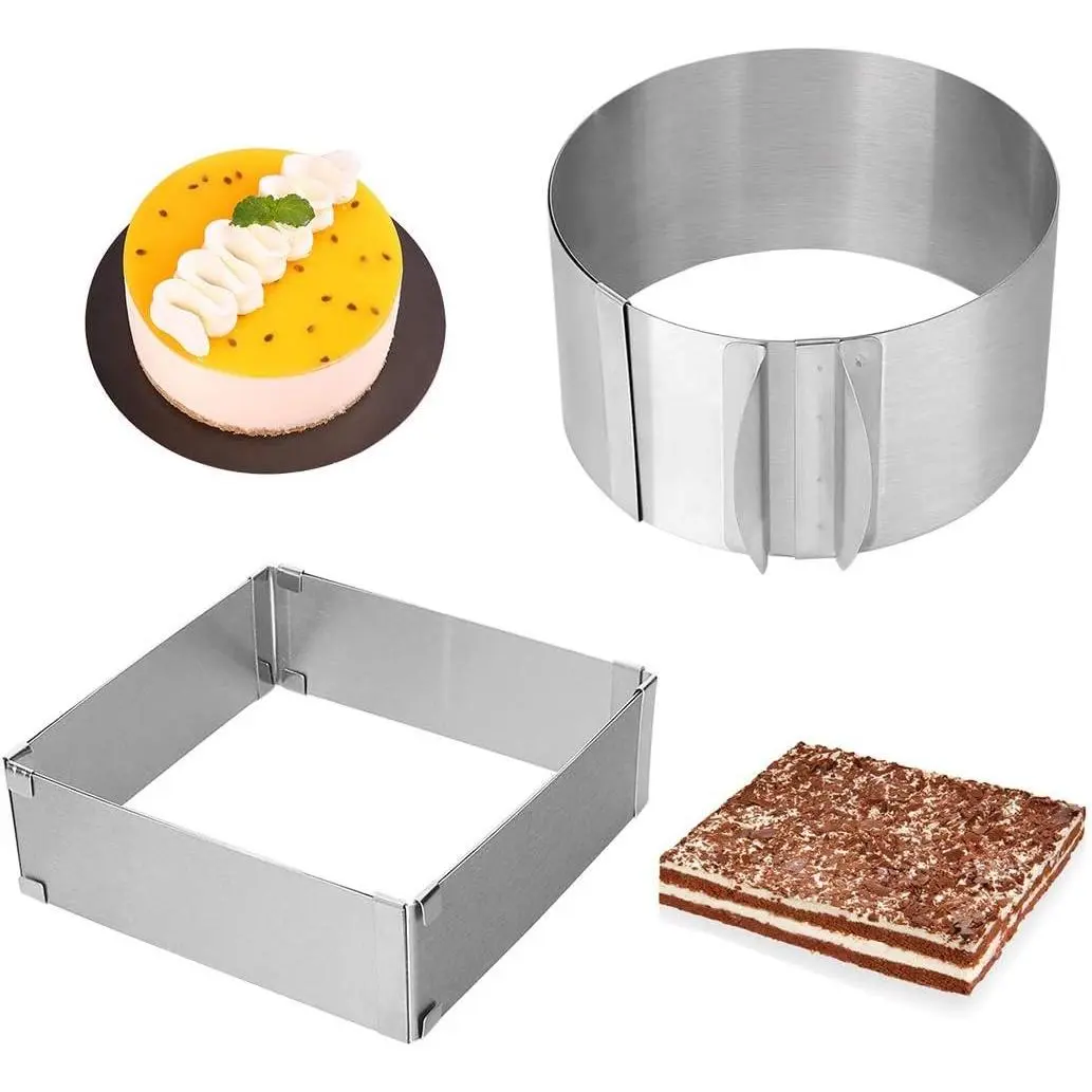 Adjustable Cake Ring 2 Pack, 6 to 12 Inch Stainless Steel Mousse Cake Mold Ring with scaling for Kitchen DIY Pastry, Square and Round
