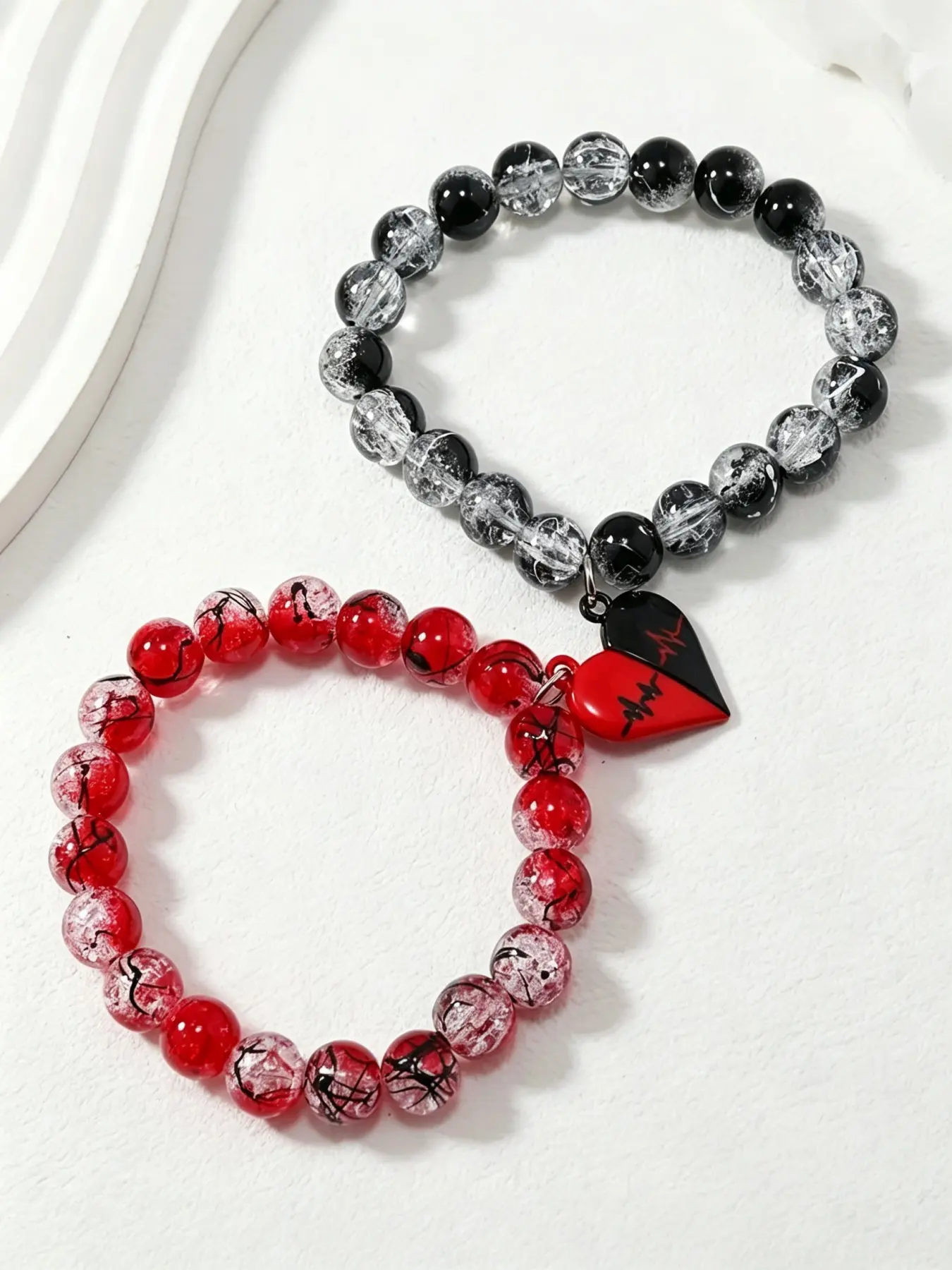 2 Piece Valentine's Day Black & Red Couple Bracelet, Gothic Love Pendant Magnetic Couple Bracelet, Matching Bracelets