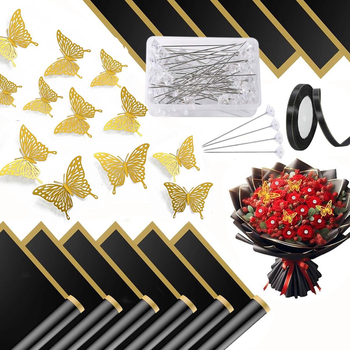 Flower Bouquet Wrapping Kit, Bouquet Wrappers, 145pcs/set Including 100pcs Crystal Rhinestone Decorative Head Pins & 20pcs Gold Edge Roll Paper & 24pcs 3D Butterfly Shape Paper & 1 Roll Ribbon, Wedding & Birthday Party Decoration Supplies