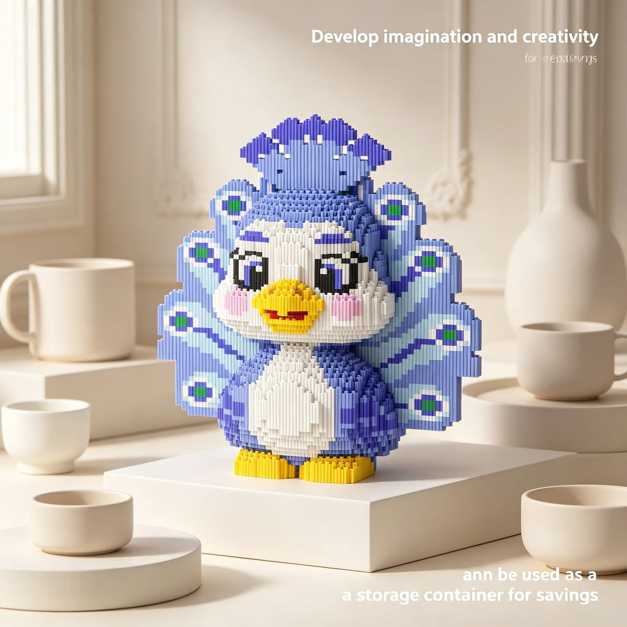 Forest Blue Peacock 3D Puzzle Building Block, Home Office Decor, Party Decoration, Ideal Gift, Handmade Craft, Lightweight Statue