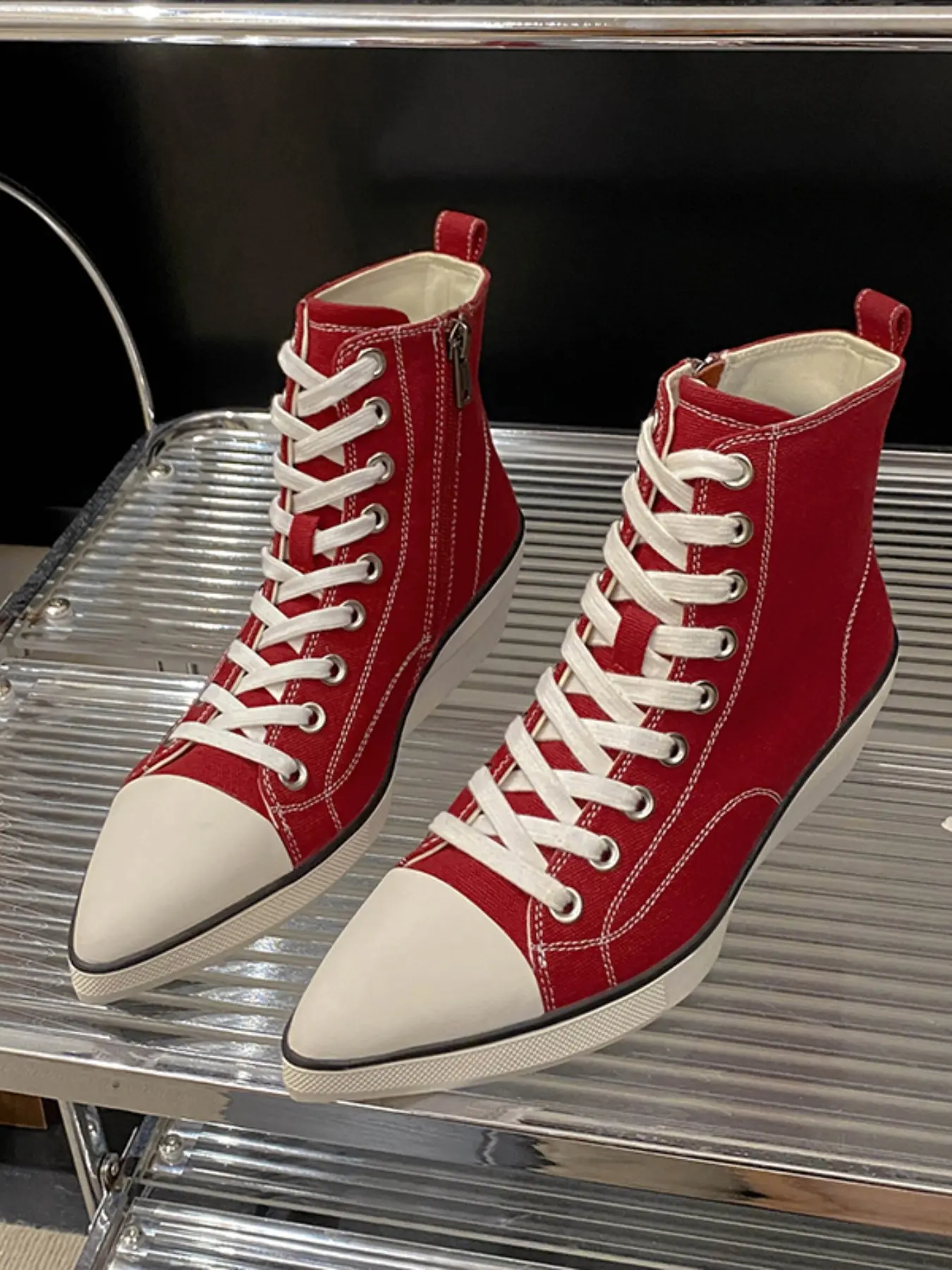 Women's Pointed Toe Wedge High Top Canvas Shoes, Lace-Up Side Zip Thick Sole, Casual Fashion Commuter Shoes, Ideal for Daily Wear, Fall Winter