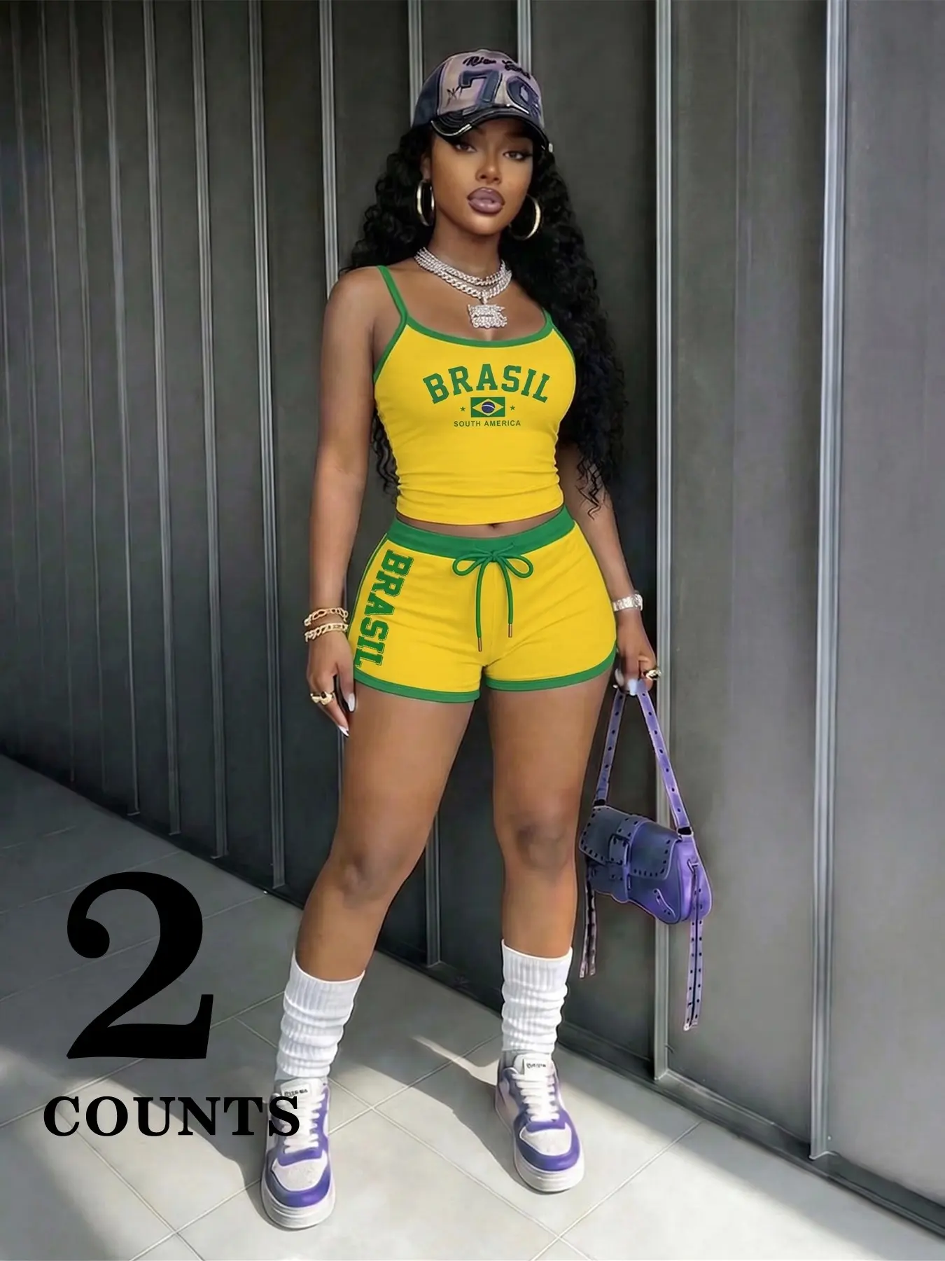 Women's Brazil Color Set, Brazilian Flag Print, Sleeveless Crop Top and Drawstring Shorts, Fashionable Style Casual for Everyday Wear Clothes
