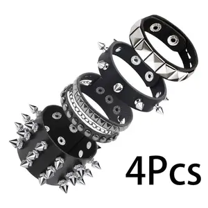 4Pcs Western Punk Style Faux Leather Pointed Rivet Exaggerated Bangle Bracelet Multi-Layer Men'S Wristband Bangle