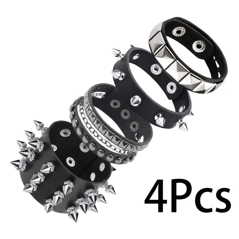 Men's 4-Piece Punk Bracelet Set, Studded Faux Leather Wristbands with a Multi-Layer Bangle for Daily Casual Style, Yes, Western Punk, Bracelets, Bangles, Men's Jewelry, Daily Wear, Multi-Layered, Studded Look, Unisex, Western Punk Style
