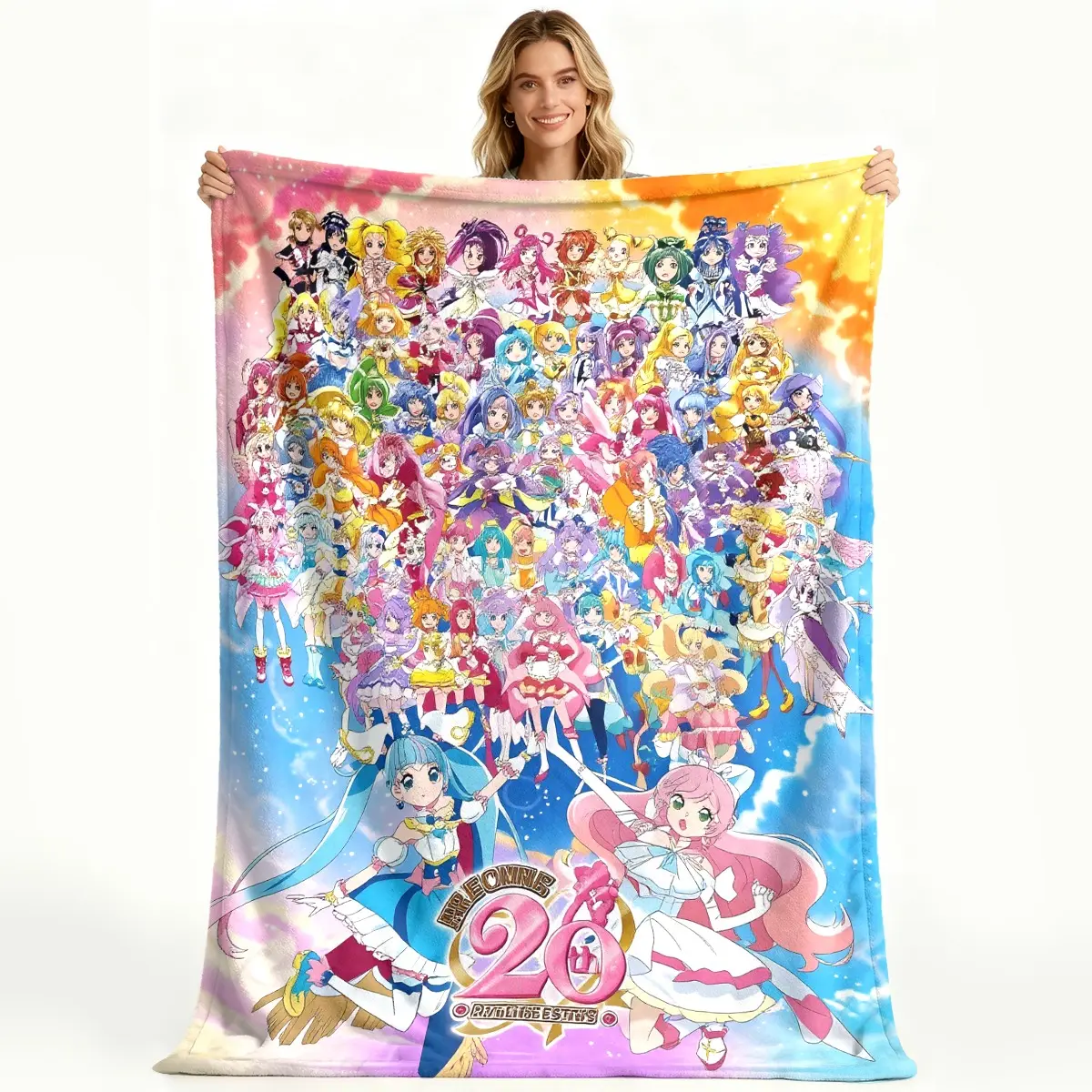 Pretty Cure 20th Anniversary All Stars Flannel Blanket, Magical Girl Anime Throw Blanket for Gift Bedroom TraSoft Fluffy All Season Throw Blanket, Lightweight Cozy Bed Cover for Sofa Bedroom Travel, Perfect Warm Gift for Birthday Christmas for Adults Kids