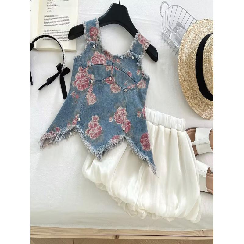 New(New)Summer French Sweet Style Sleeveless Denim Print Camisole + Solid Color Tulle Pants 3-7 Year Old Girls' Two-Piece Set with Irregular Hem + Frayed Edge Decoration
