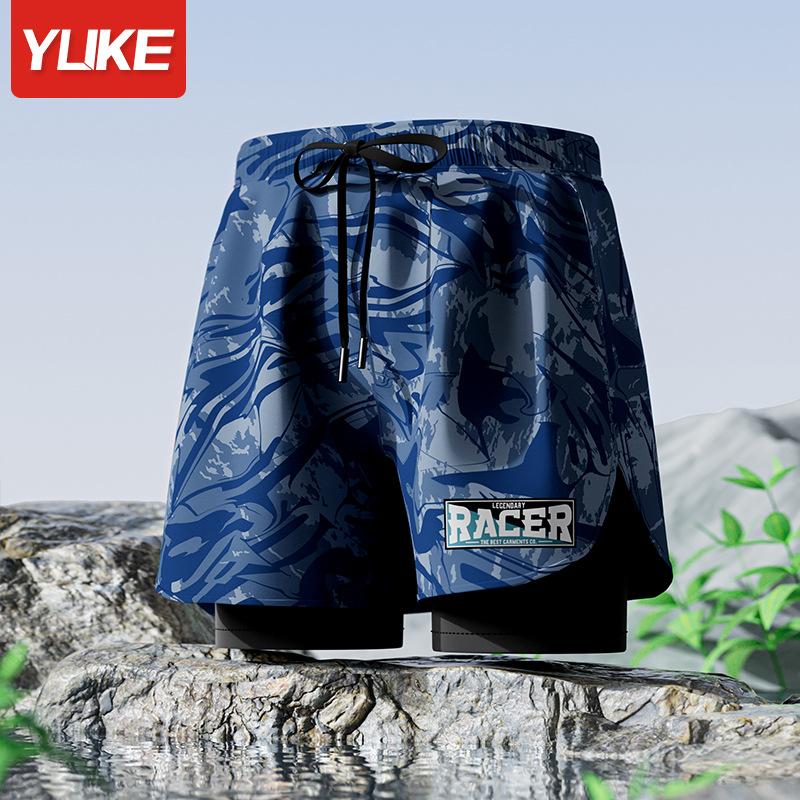 Adult double-layer swimming trunks men's flat-angle five-point swimsuit anti-embarrassment new professional beach adult swimming equipment one piece