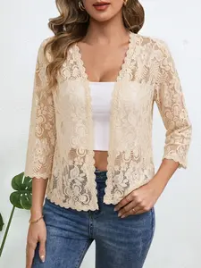 Women's Elegant Lace Open Front Cardigan, Slimming and High-End Design, Essential Summer Sun Protection Outerwear