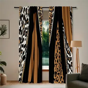 2-piece set - Color-matching leopard print - Printed semi-transparent curtains, rod bag curtains, suitable for living room, bedroom and home decoration. Hand washable, hookless