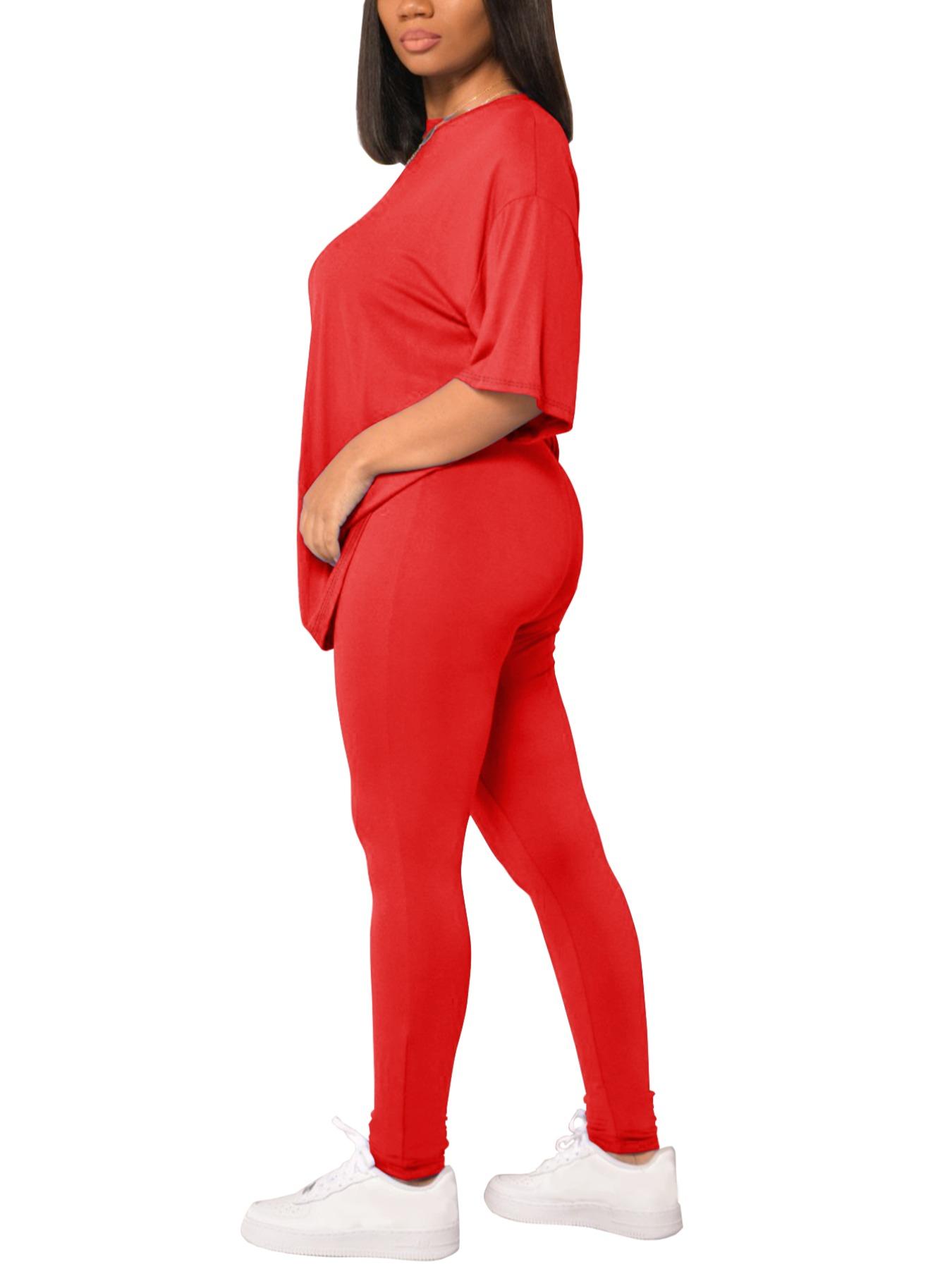 Women's Solid Drop Shoulder Tee & Elastic Waist Fitted Skinny Pants Set, Summer Clothes Women, Casual Round Neck Half Sleeve Top & Leggings for Summer