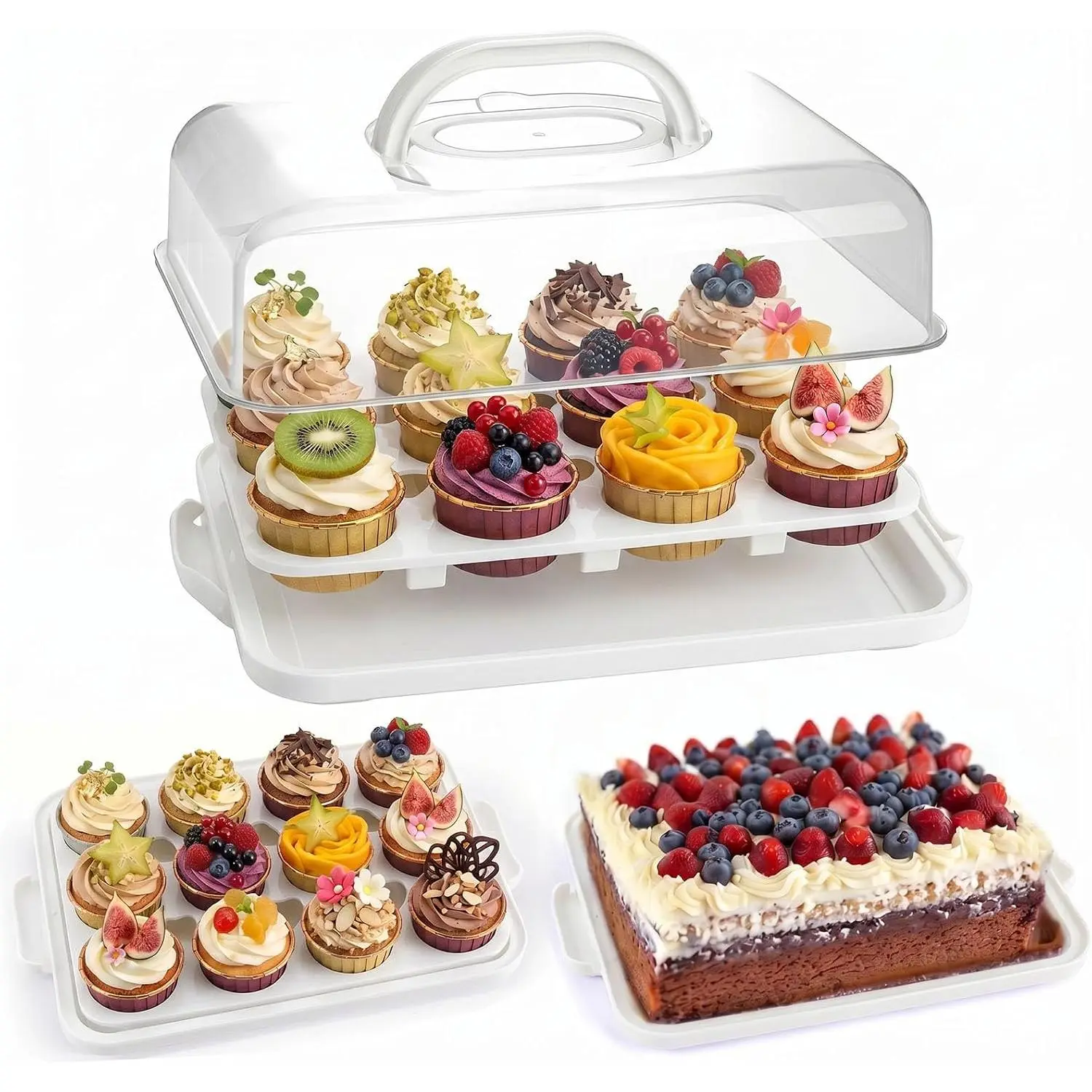 Cake Carrier with Lid and Handle, 12 Capacity Cupcake Carrier, 2-in-1 Rectangular Cupcake Holder for Pies Muffin Pizza Nuts Fruit, Dessert Storage Containers for Parties, Picnics, Baking