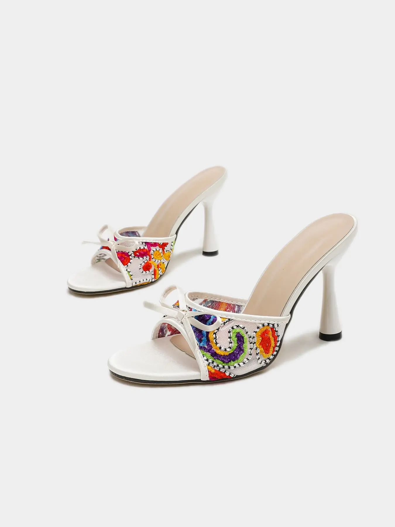 Women's Open-Toe Mules, Embroidered Mesh Stiletto Heels, Bow Tie Decoration, Perfect for Parties, Dates, and Evening Events