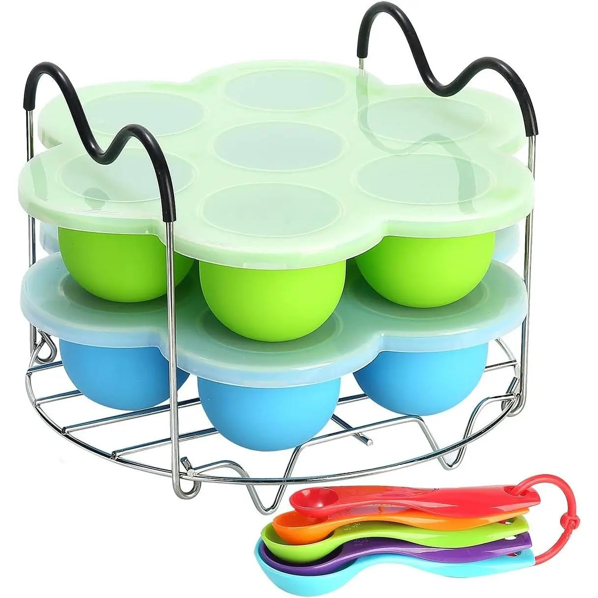 Silicone Egg Bites Molds for Instant Pot Accessories 6 Qt 8 Qt, Including Steamer Rack Trivet with Heat Resistant Handles, 5-Piece Measuring Spoons as Bonus, Sous Vide Egg Poacher