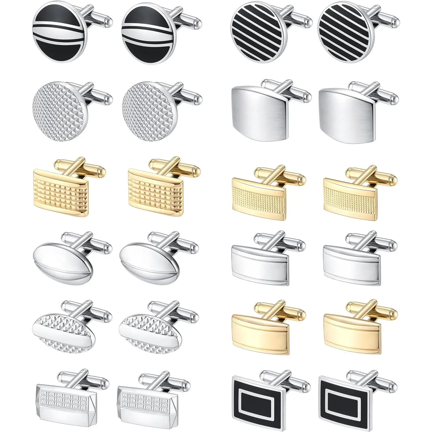 12 Pair Cufflink Set for Men, Classic Geometric Brass Designs in Silver & Black Tones for Business, Wedding & Everyday Formal Wear, Gift for Dads & Lawyers