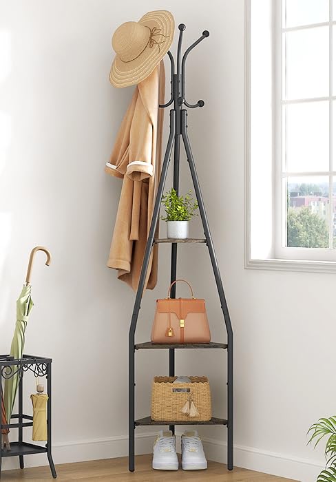 Coat Rack Freestanding, Coat Tree with Umbrella Holder, Metal Coat Rack Stand with 12 Hooks, Standing Coat Hanger Stand, Umbrella Stand for Entryway, Hat Rack Stand for Home Office, Black