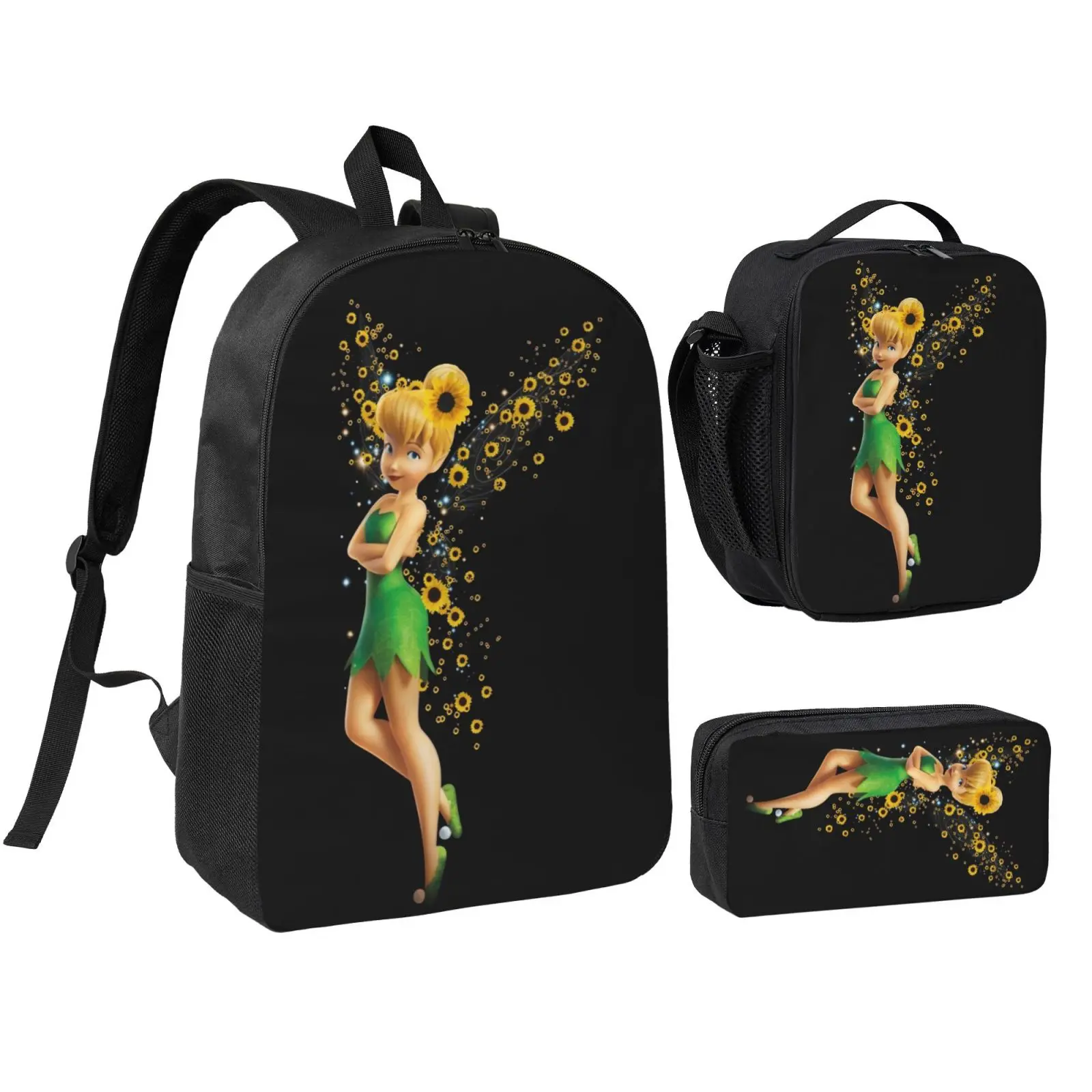 Unisex Tinkerbell 3Pcs Backpack for Teen Girls Boys, School Bookbag with Lunchbox Pecil box, Anime backpack with adjustable straps, office travel bag Bookbag