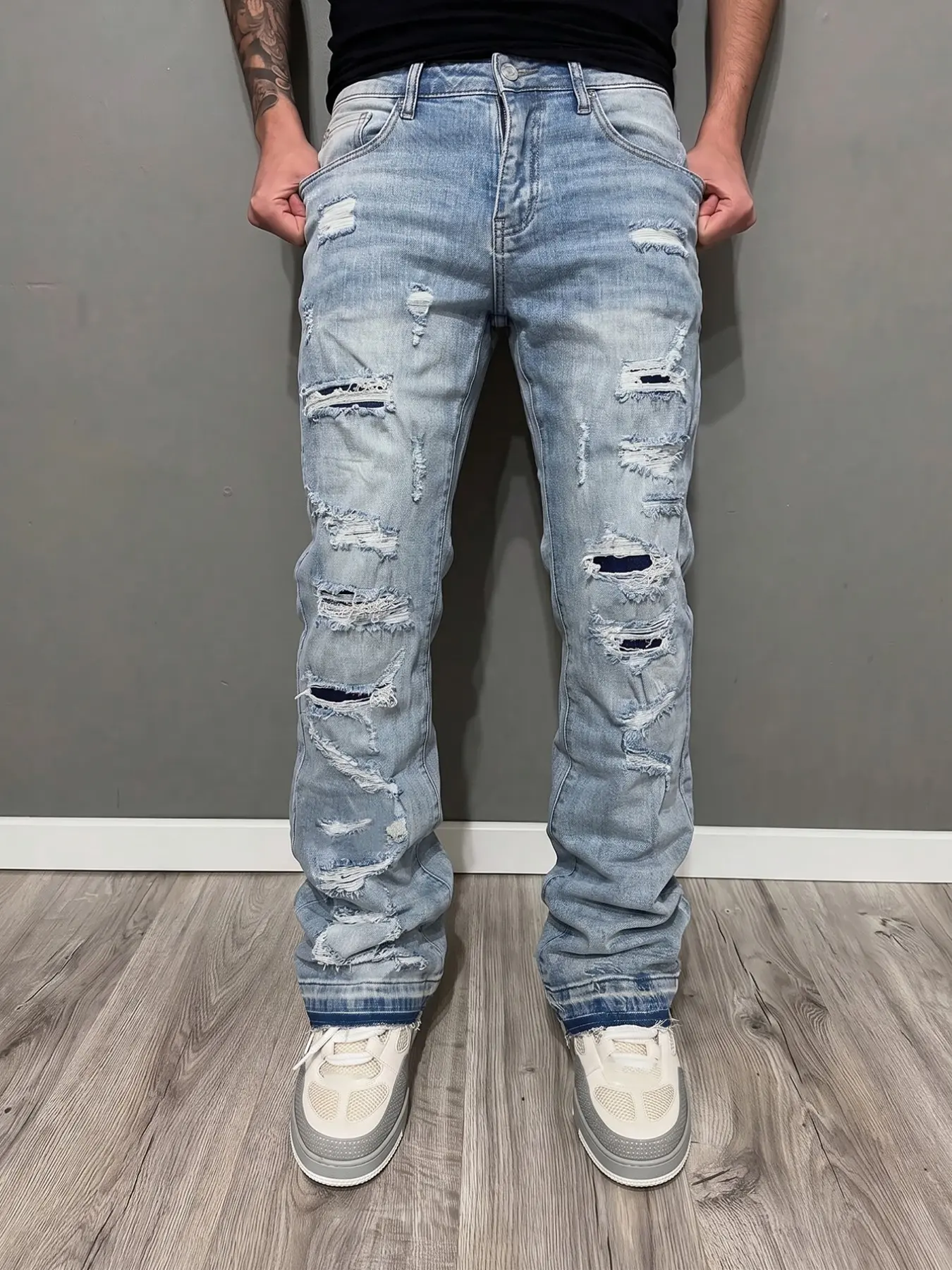 Men's Micro Flare Fashion Casual Jeans, Loose-Fitting Button Fly Denim, Solid Color Y2K Style, All-Season Wear, Washed Fabric, Patchwork Design