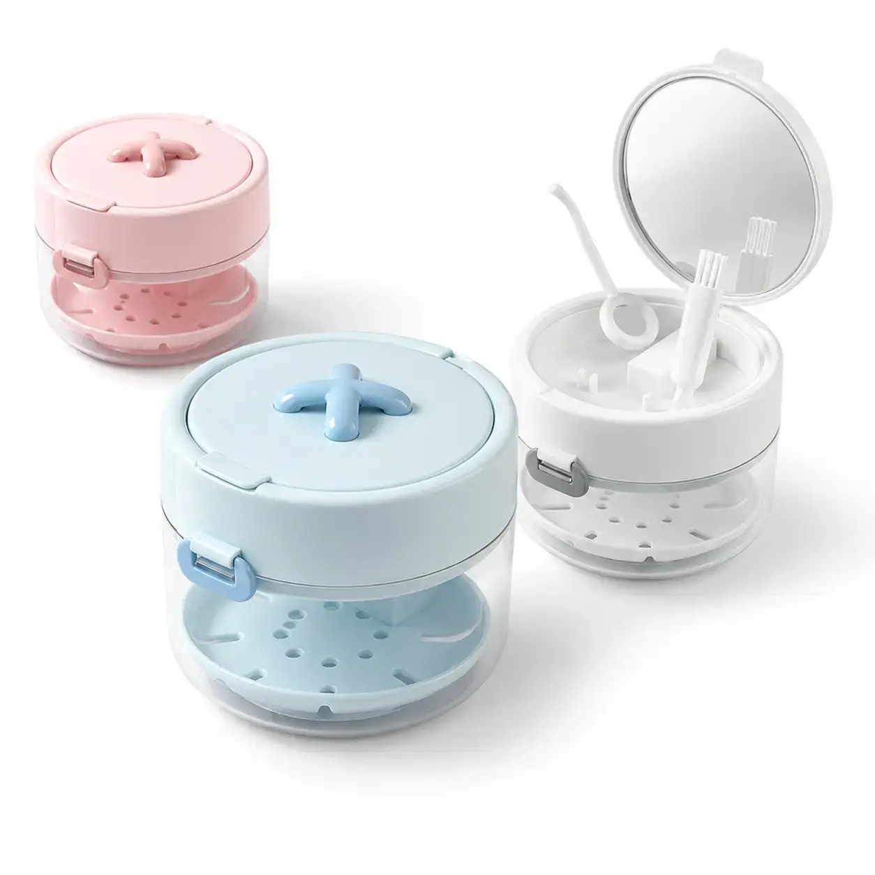 Retainer Case with Mirror, Cleaning Brush & Remover Tool, Portable Orthodontic Storage Box with Auto-Lifting Tray, Ventilated Drain Design for Clear Aligners, Wire Retainers, Dentures, Travel & Bathroom Use