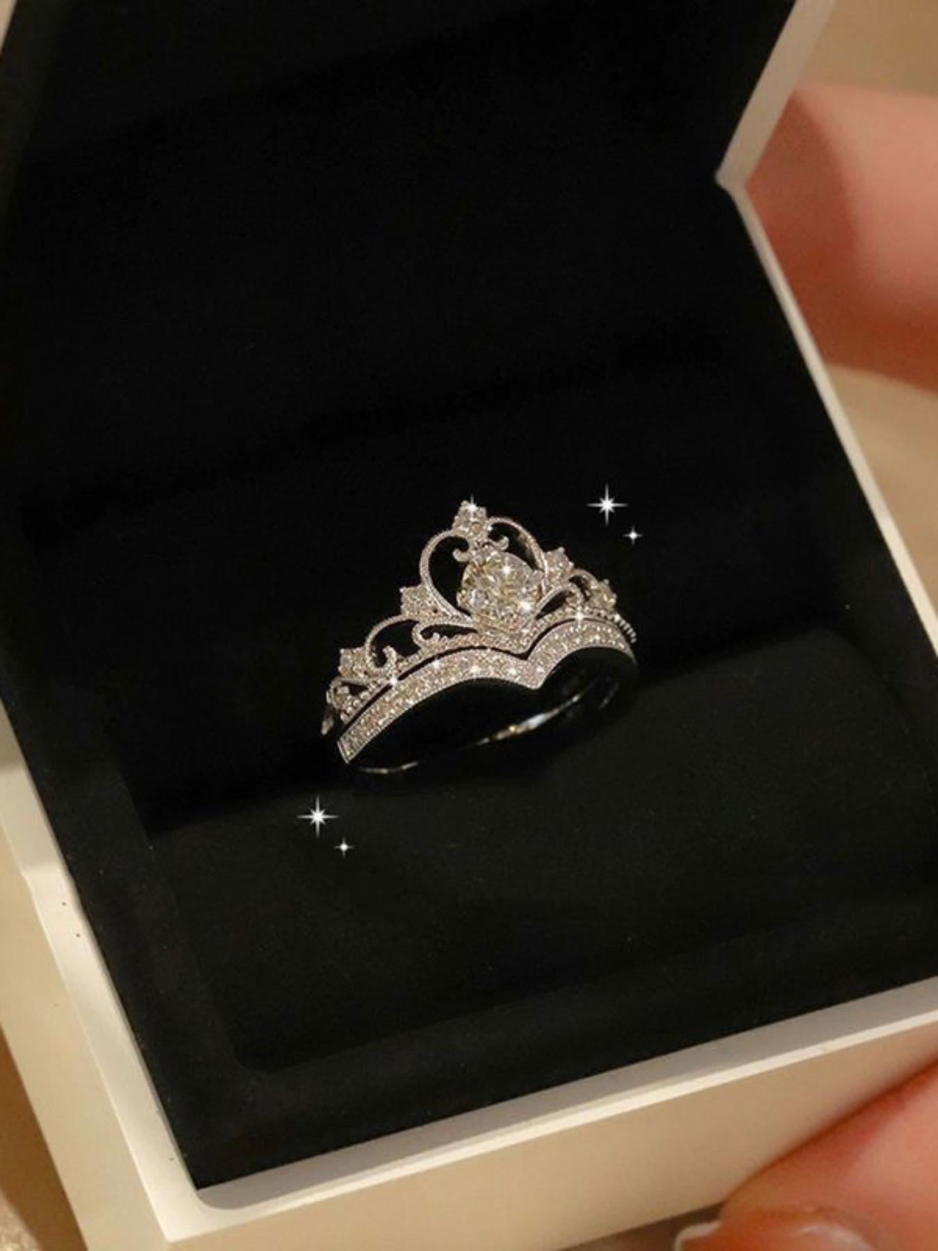 Proposal 2pcs/set Minimalist Elegant Plain Rhinestone Decor Crown Design Engagement Rings, Wedding Rings, Fashion Wishbone Ring Matching Rings Accessories for Women & Girls, Valentine's Day, Gift