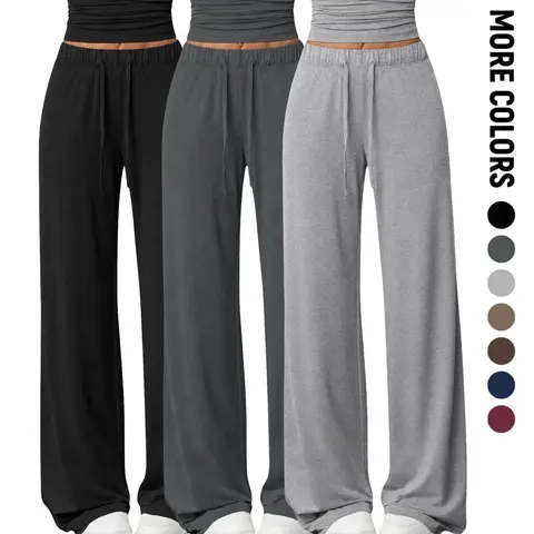 Women’s Wide Leg Pants With Pockets, Drawstring Elastic Waist, Loose Fit Full Length Casual Trousers For Everyday Wear, Travel, Airport Outfits And Weekend Outings