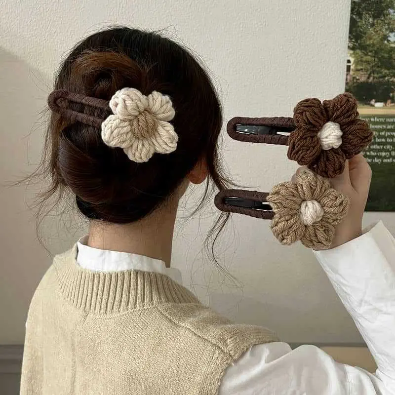 3/5 Piece Knitted Flower Barrettes for Women, Vintage Crochet Hair Clips, Daily Hairstyle Accessories in Neutral Coffee & Beige, Accessories For Women, Barrette Hair Clips Hair Clips