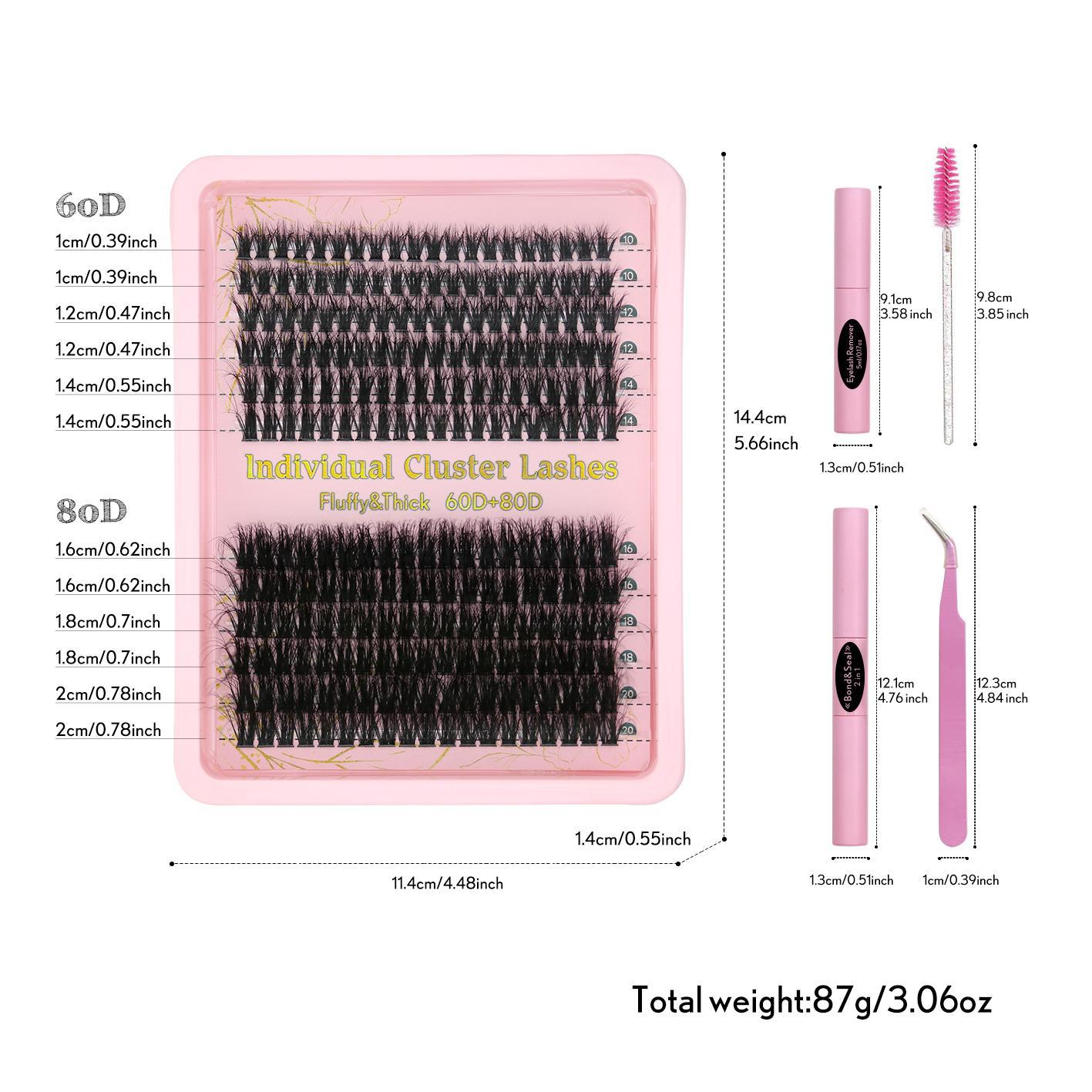 10-20mm Cluster Eyelashes Extensions, 1 Set Eyelash Cluster Kit with Tweezers, Glue, Remover & Brush, DIY Eyelash Kit, Volume Focused Lashes, False Eyelash Set