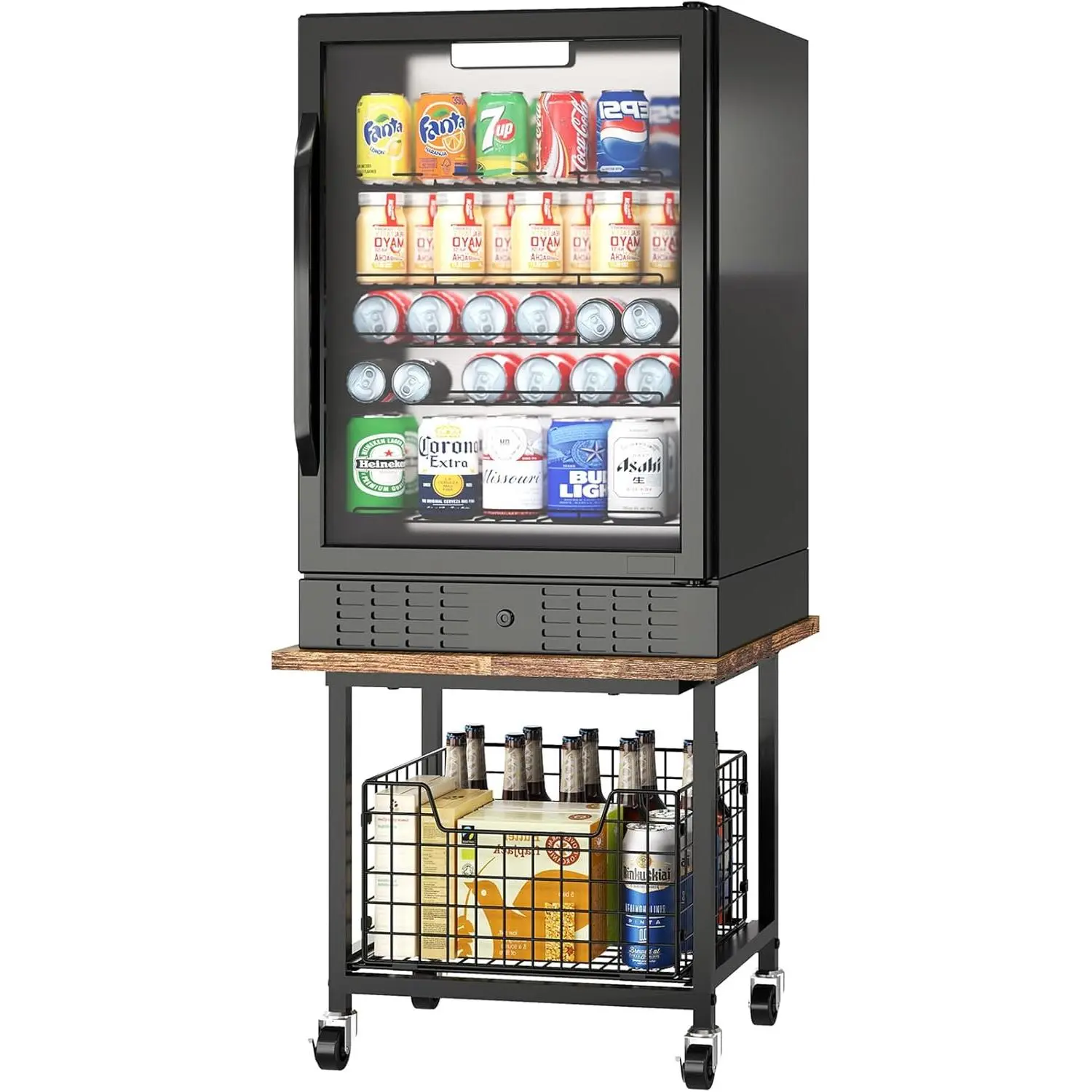 Mini Fridge Stand with Storage, Small Refrigerator Stand with Wheels, Rolling Mini Fridge Cart-Max Load 300 LBS Heavy Microwave Printer Stand Utility Cart for Dorm, Apartment, Kitchen, Office (Brown)