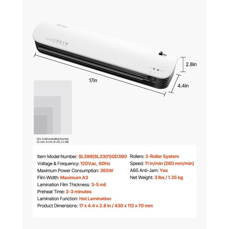 VEVOR Laminator Machine, Thermal Laminator for Max A4 Paper Size, 3 - 4 min Quick Warm Portable Laminator, 3 - 5 mil Thickness, Ideal for Home, Office, Business, or School Supplies, White+ GreyHoliday gifts