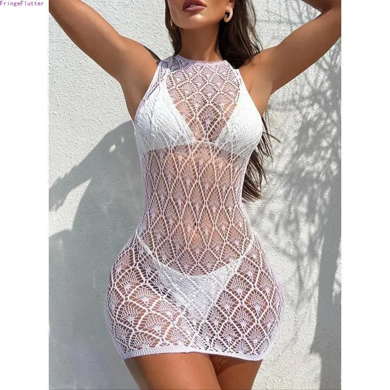 Women's Hollow Out Fishnet Cover Up Dress, Sleeveless Round Neck Sheer Beach Dress, Lightweight Breathable Resort Wear for Vacation Poolside Summer Outfits (Bikini Not Included)