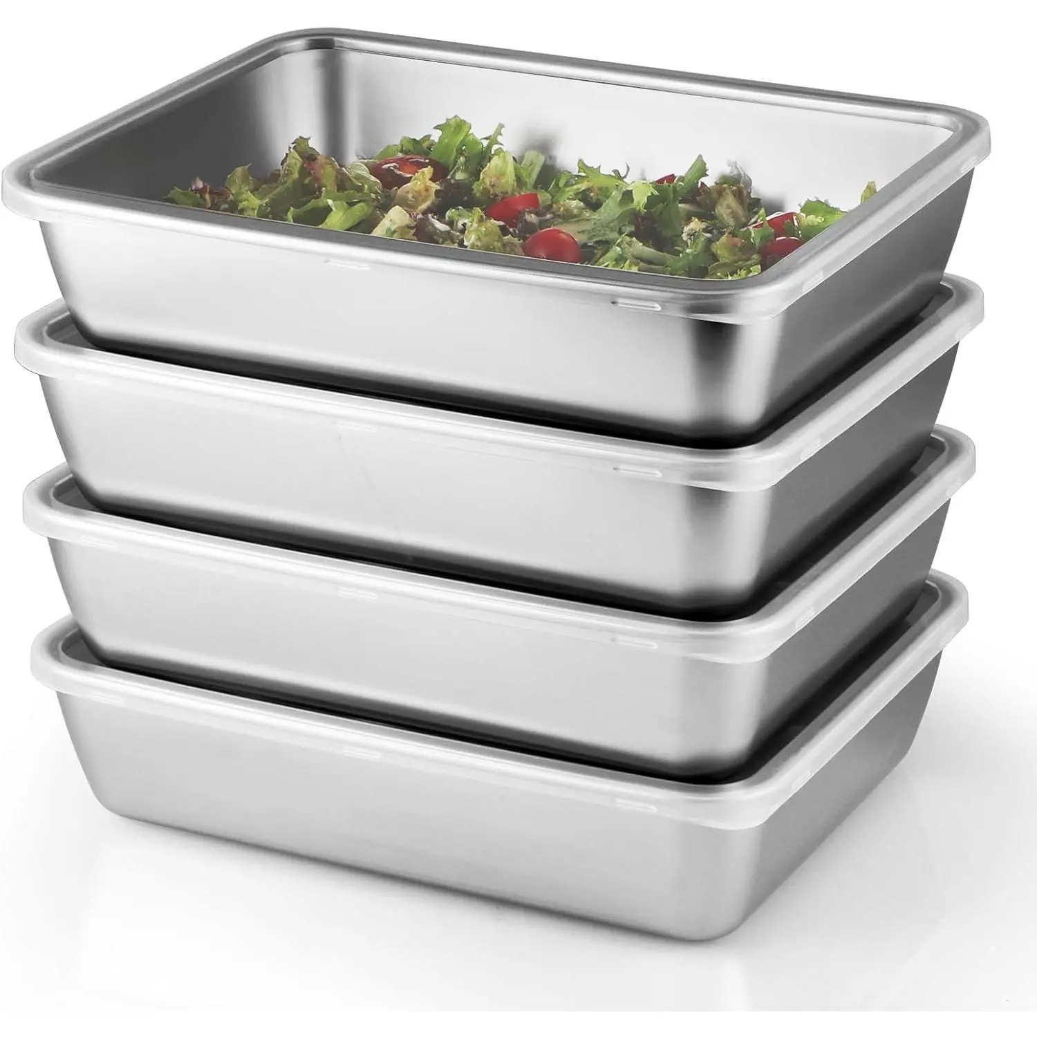 4 count (68oz) Stainless Steel  Containers with Clear , 10" x 7.7" Stackable Snack Storage Boxes, Deli Meat Keeper for Refrigerator or Picnic, BBQ Party, Office, Gym Lunch