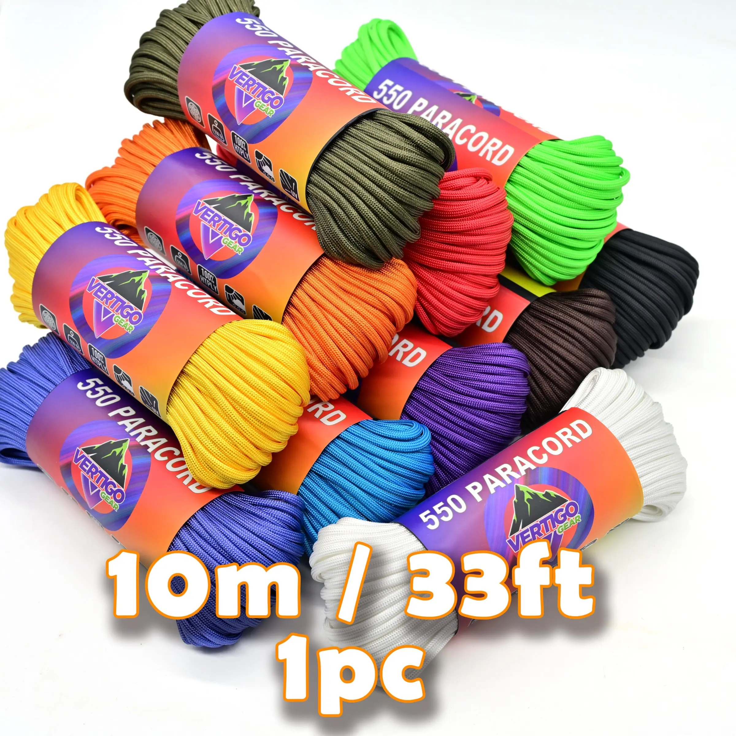 Paracord 550: 10m/33ft Tactical Parachute Line, 4mm Diameter, 550lb/250kg Strength, 11 Colors, Survival & Camping Gear, Striped Parachute Line, Paracord Rope