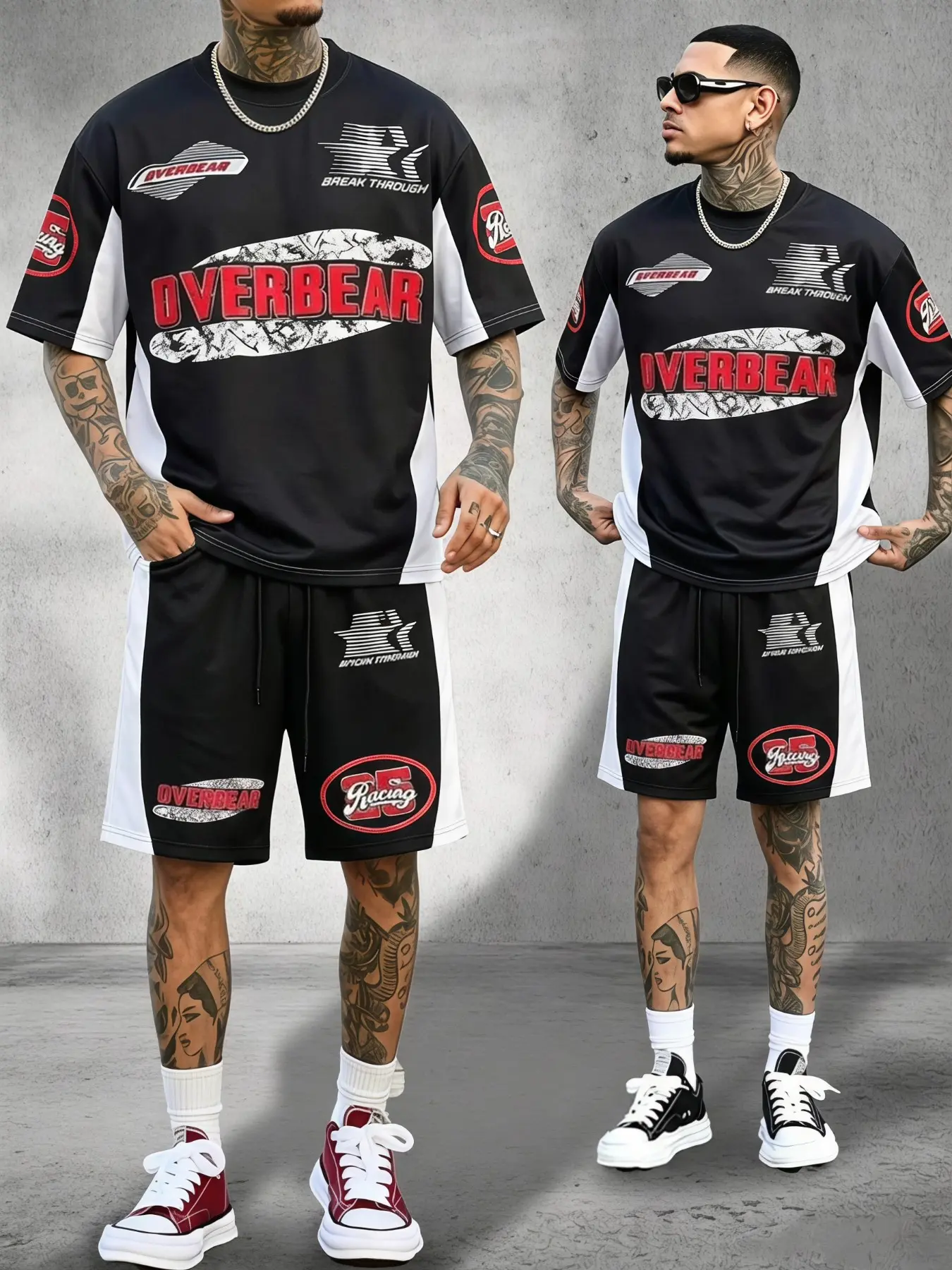 2PCS Unisex Racing Tracksuit, Summer Tracksuits, Color Block OVERBEAR Letter Graphic Short Sleeve Jersey & Matching Shorts Set, boyfriend gifts, mens fashion, mens holiday outfits, streetwear casual sport matching outfit