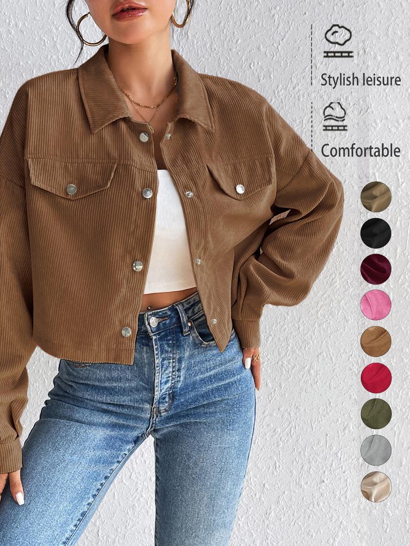 Women's Solid Button Front Drop Shoulder Corduroy Jacket, Casual Long Sleeve Flap Detail Collared Outerwear for Spring & Fall, Ladies Clothes for Daily Wear