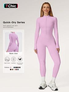 women's solid zip up skiing jumpsuit, casual sporty long sleeve jump suit for skiing cycling, jumpsuit for women, ladies athletic sportswear for fall & winter 90s clothes, gym wear,  workout tops