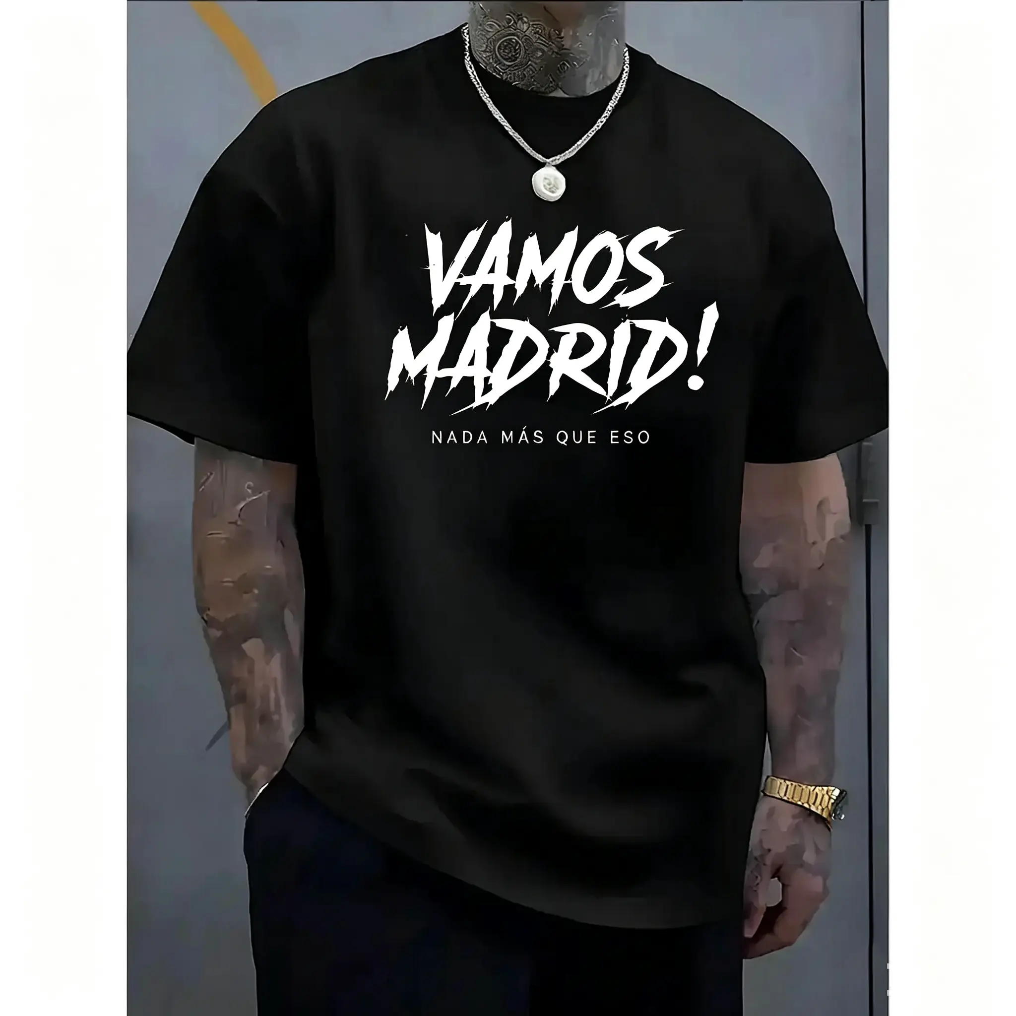 Men'S "Hala Madrid!" Graphic T-Shirt - Soft, Comfortable Polyester Crew Neck, Casual Short Sleeve Tee for Summer & Spring, Lightweight & Breathable Design, Perfect for Sports or Casual Attire, Sports Casual Wear | Bold Letter Print | Comfortable Fit