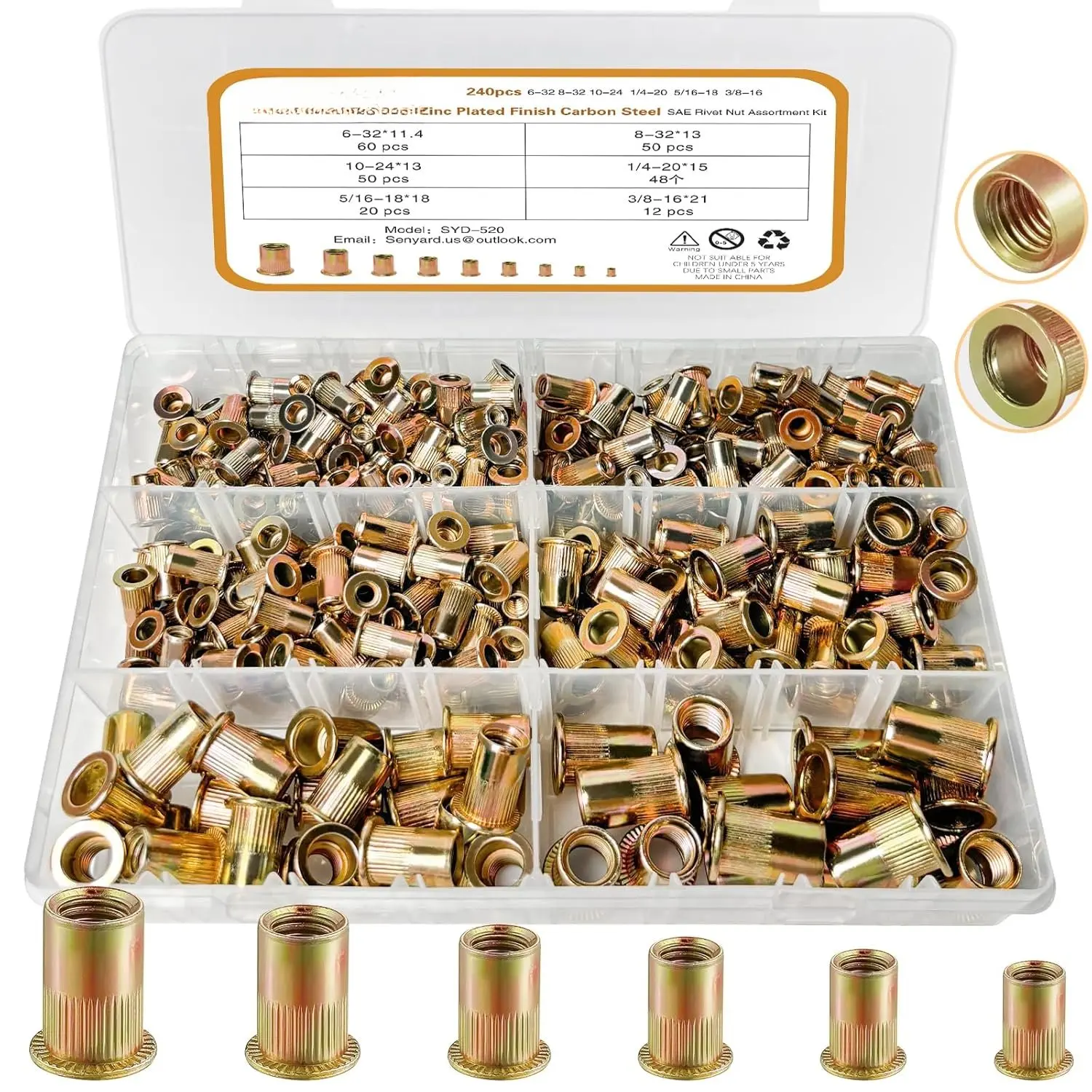 SAE Rivet Nuts  Kit(240 Pcs), #6-32#8-32#10-24 1/4"-20 5/16"-18 3/8"-16 UNC Rivet nut, Zinc Plated Finish Carbon Steel Rivnut