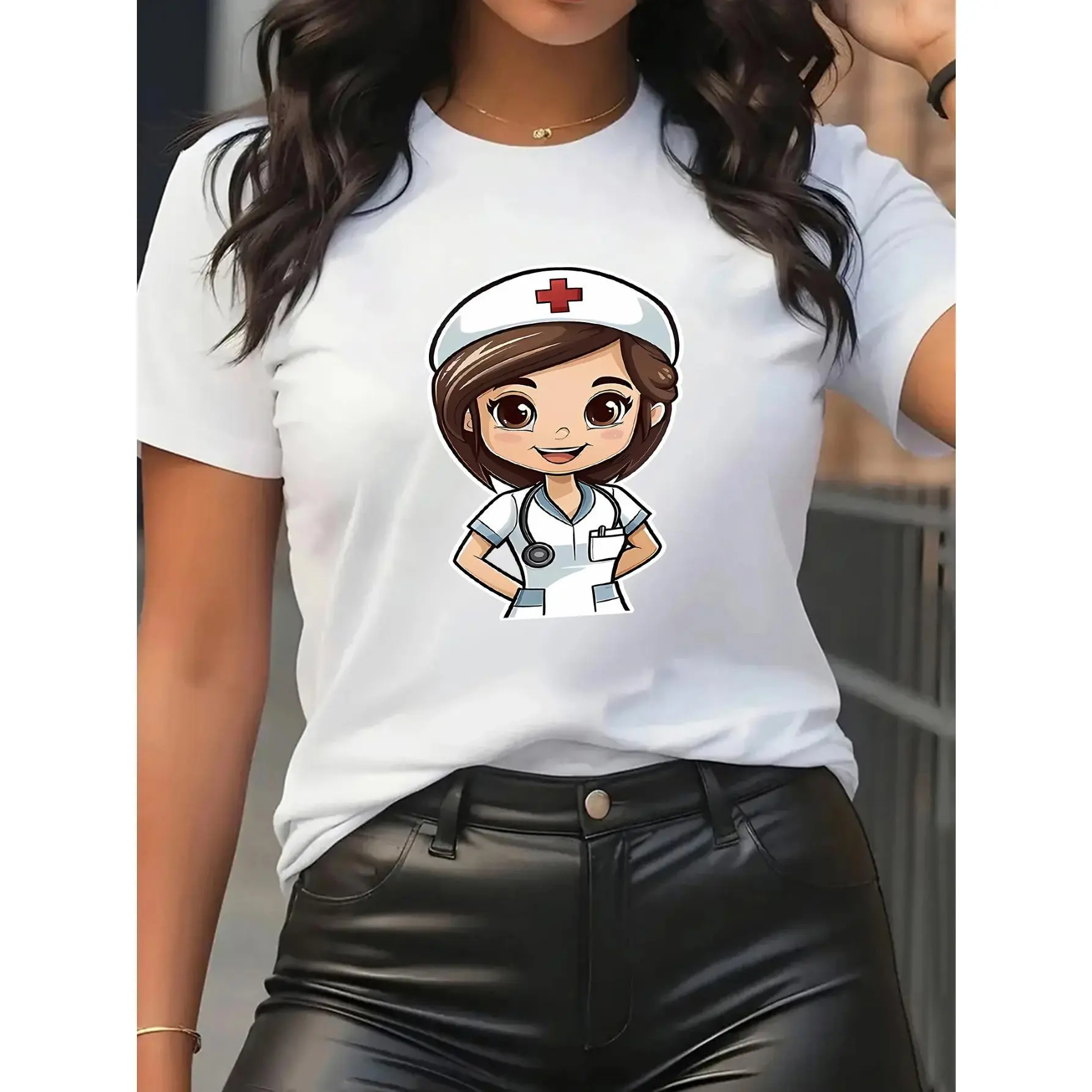 Women'S Casual Short Sleeve Nurse Graphic T-Shirt - "I'm a Nurse, Not a Doctor" Design, Black with White and Red Details, Perfect for Everyday Wear and Gym Sessions, Everyday Tshirt |   Playful Graphic Tee |   Comfortable Fit, Nurse