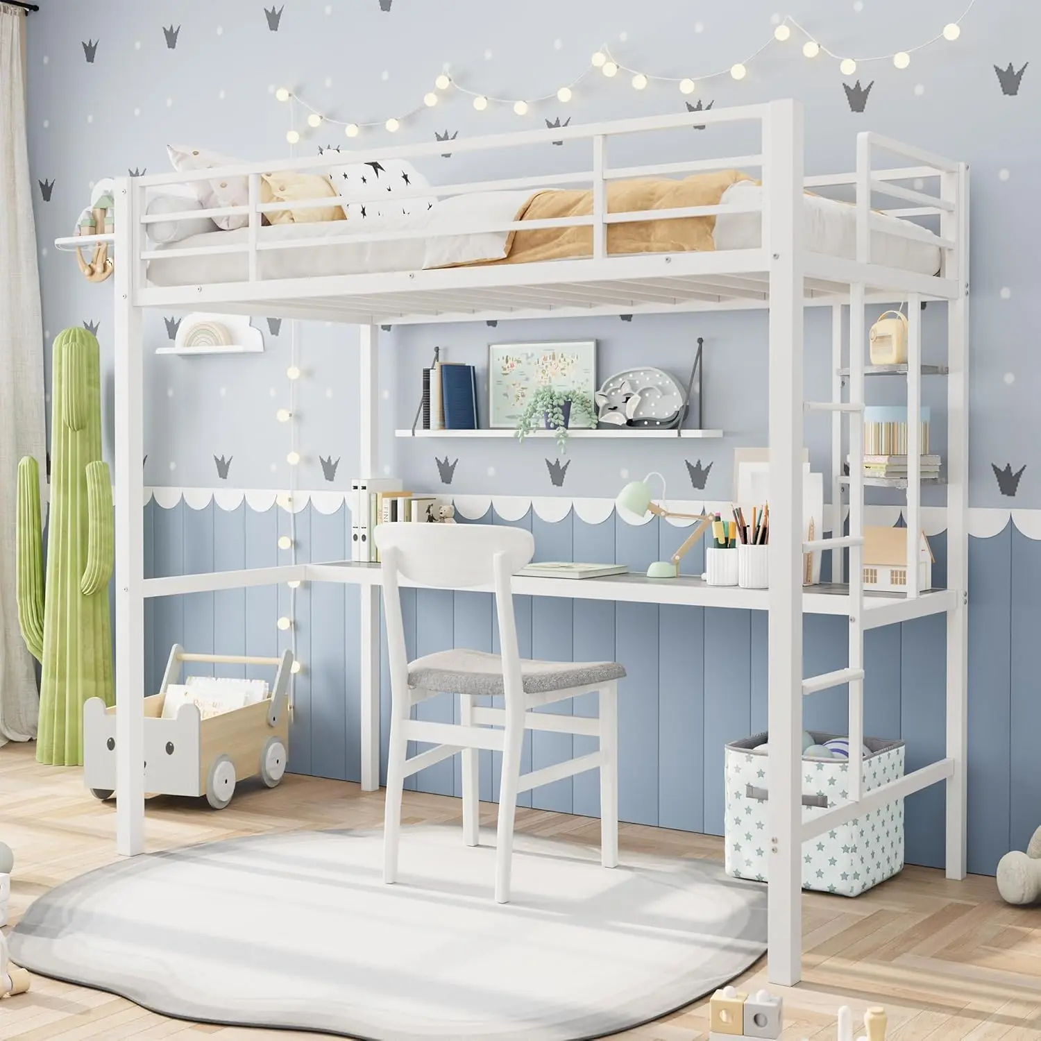 Contemporary Twin Loft Bed - Space-Saving, Strong Metal Frame, Secure Safety Guardrail, Ladder, Large Desk+Shelves, Heavy Duty - Ideal for Kids