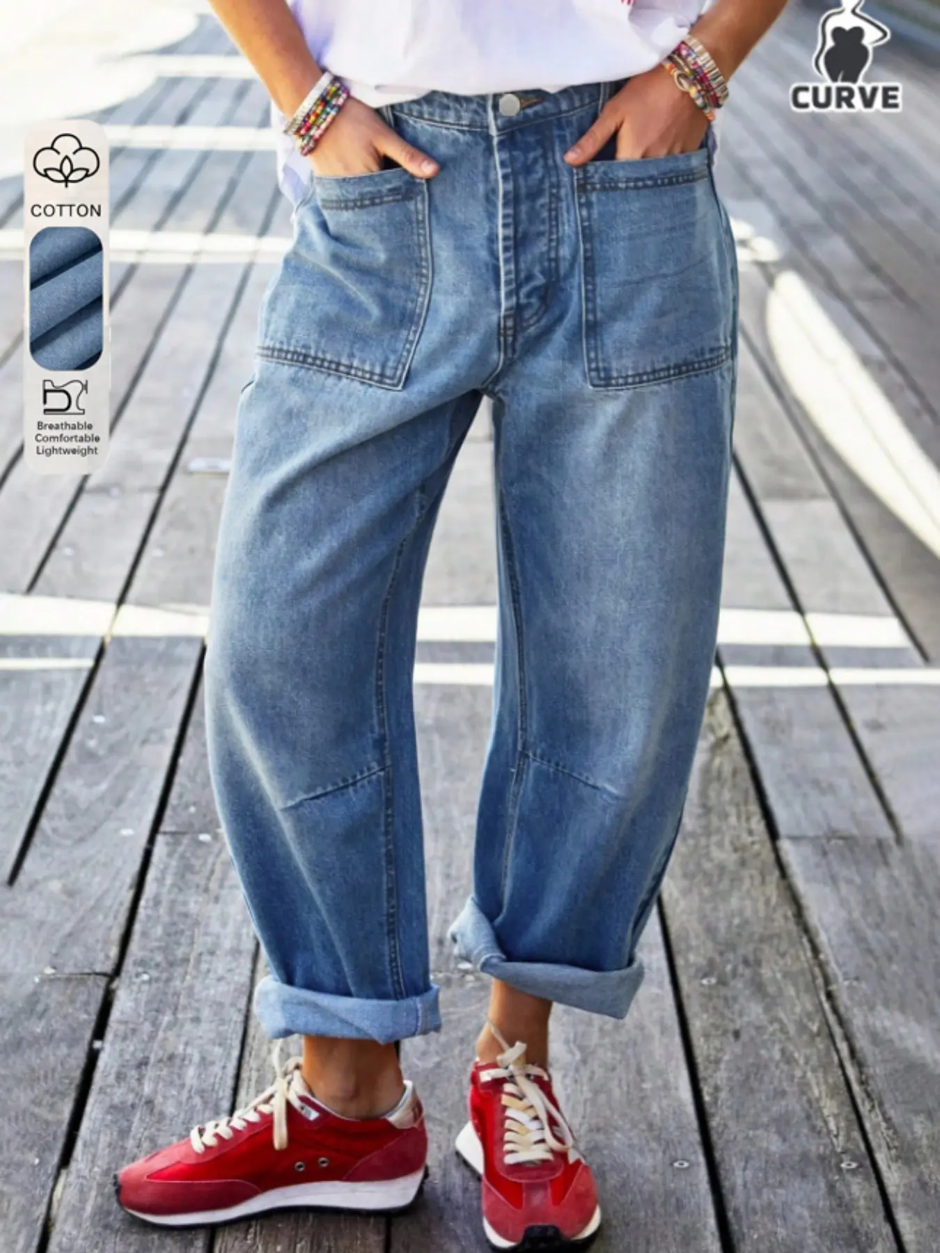 Women's Plus Size Curvy Fashion Washed Curved Denim Pants, Four-Season Versatile Comfy Denim Jeans, Stylish Casual Loose and Comfortable Fit, Pocket