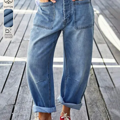Women's Plus Size Curvy Fashion Washed Curved Denim Pants, Jeans with Pockets, Four-Season Versatile, Stylish Casual Loose and Comfortable Fit, Pocket