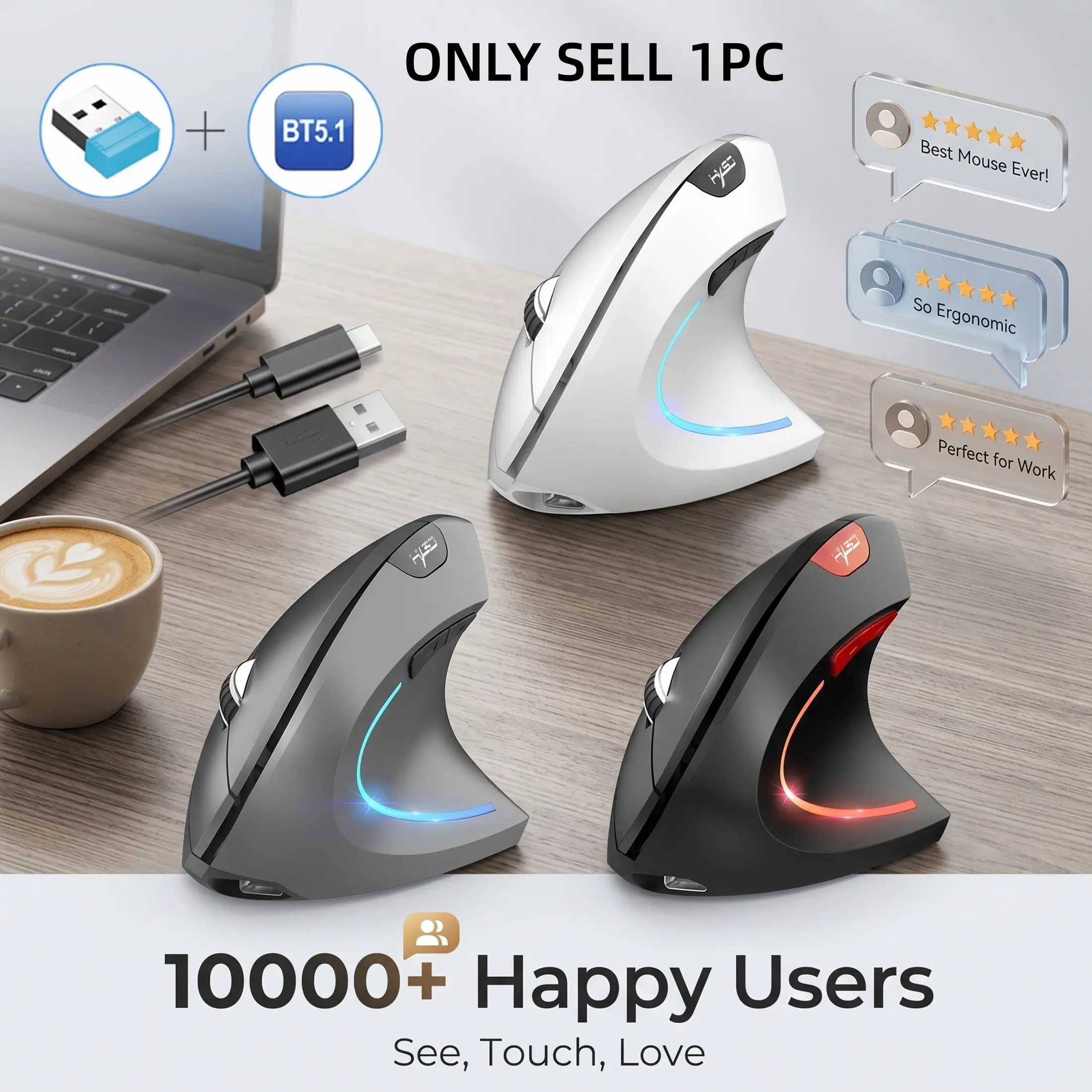 Ergonomic Wireless Mouse, Mouse Ergonomic Vertical, Dual Mode 2.4G+BT5.1 Connectivity 3 Adjustable Settings, USB Plug-and-Play, 2400 CPI, Optical Movement Detection, Right-Handed Design, Ideal for Home and Office Use, Office Ergonomic Mouse