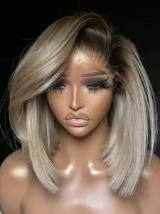 150 Density 14 Inch Ombre Blonde Straight Wig, 100% Human Hair, 13x4 Lace Front Pre-Trimmed Soft Wig, Natural Look, Easy to Wear