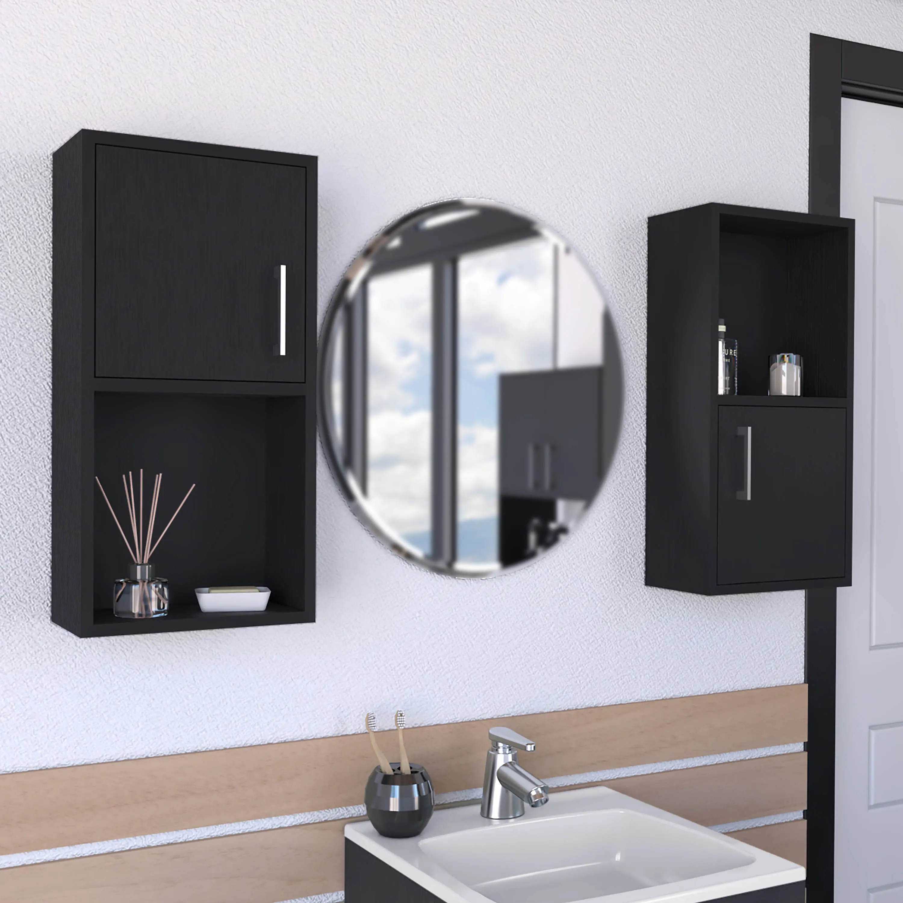 Nokaa Wall Mounted Bathroom Medicine Cabinet, 23.6" H x 11.8" W x 6.2" D, Two Doors & Two Shelves, Black Engineered Wood, Compact Storage for Toiletries, FSC Certified, TSCA Compliant
