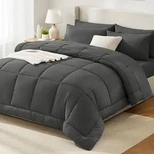 Queen Comforter Set Dark Grey, Luxury Soft Bed in a Bag, Fluffy Dark Gray Bed Set Queen Size 7 Pieces, All Seasons Bedding Sets with Comforter, Flat Sheet, Fitted Sheet & Pillowcases