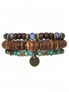 3Pcs Men's Boho Stackable Bracelet Set, Natural Wood & African Turquoise & Sodalite Beads, Vintage Tribal Elastic Stretch Wrist Charm Jewelry
