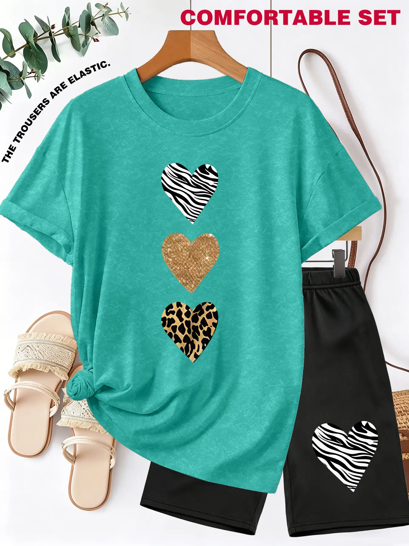 Women's T-Shirt & Shorts Set, Zebra & Leopard Heart Print, multi-color, washable, soft, Casual summer set Clothes