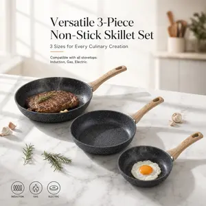 3-Piece Non-Stick Skillet Set - Granite-Coated Frying Pans with Wooden Handles, Induction/Gas/Electric Stovetop Compatible, Multi-Size for Everyday Cooking & Meal Prep