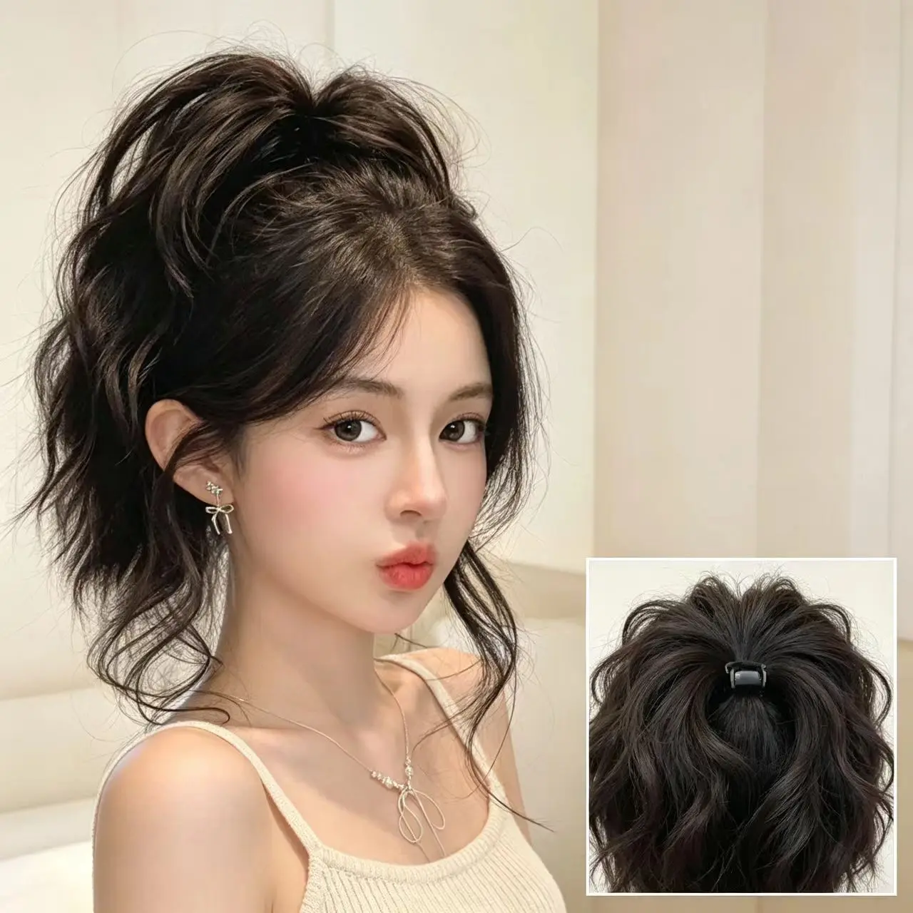 Cloud Curl Clip-In High Ponytail Wig for Women, Short Spray Fountain Waterfall High Crown Voluminous Fake Hair, Trendy Lazy Look
