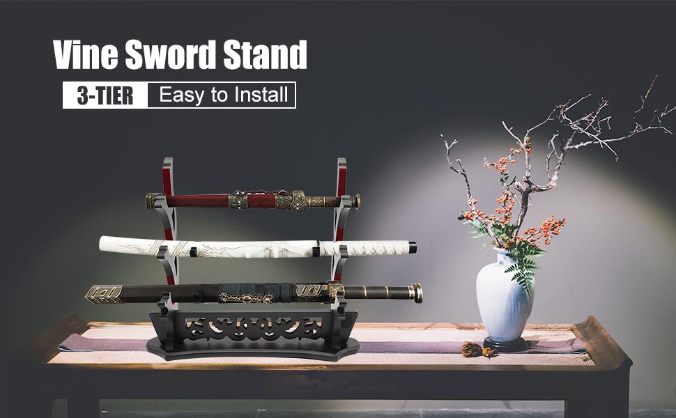 Sword Stand Vine Katana Stand Three-Tier Sword Holder with Padded for Japanese Samurai Sword Display Tanto Rapier Light Saber, Black Lacquer Finish
