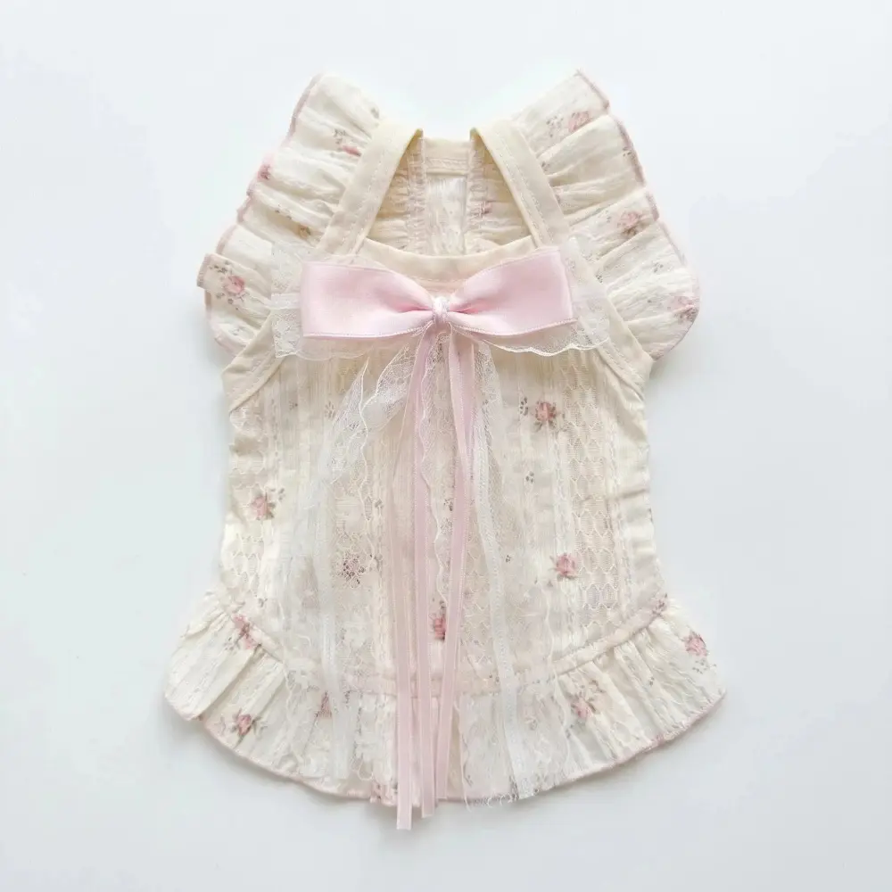 [Small  Cloth series] - Pastoral Sweetheart Lace Bow  Costume Puppy Woven Christmas Sweater Set Velvet Traction Pet Cute Ruffle Halloween Tutu Cartoon Girl Sparkly Furry  Christmas  Puppy Cat Red  hair Floral Princess Dog Dress, Clothing, Ruffles